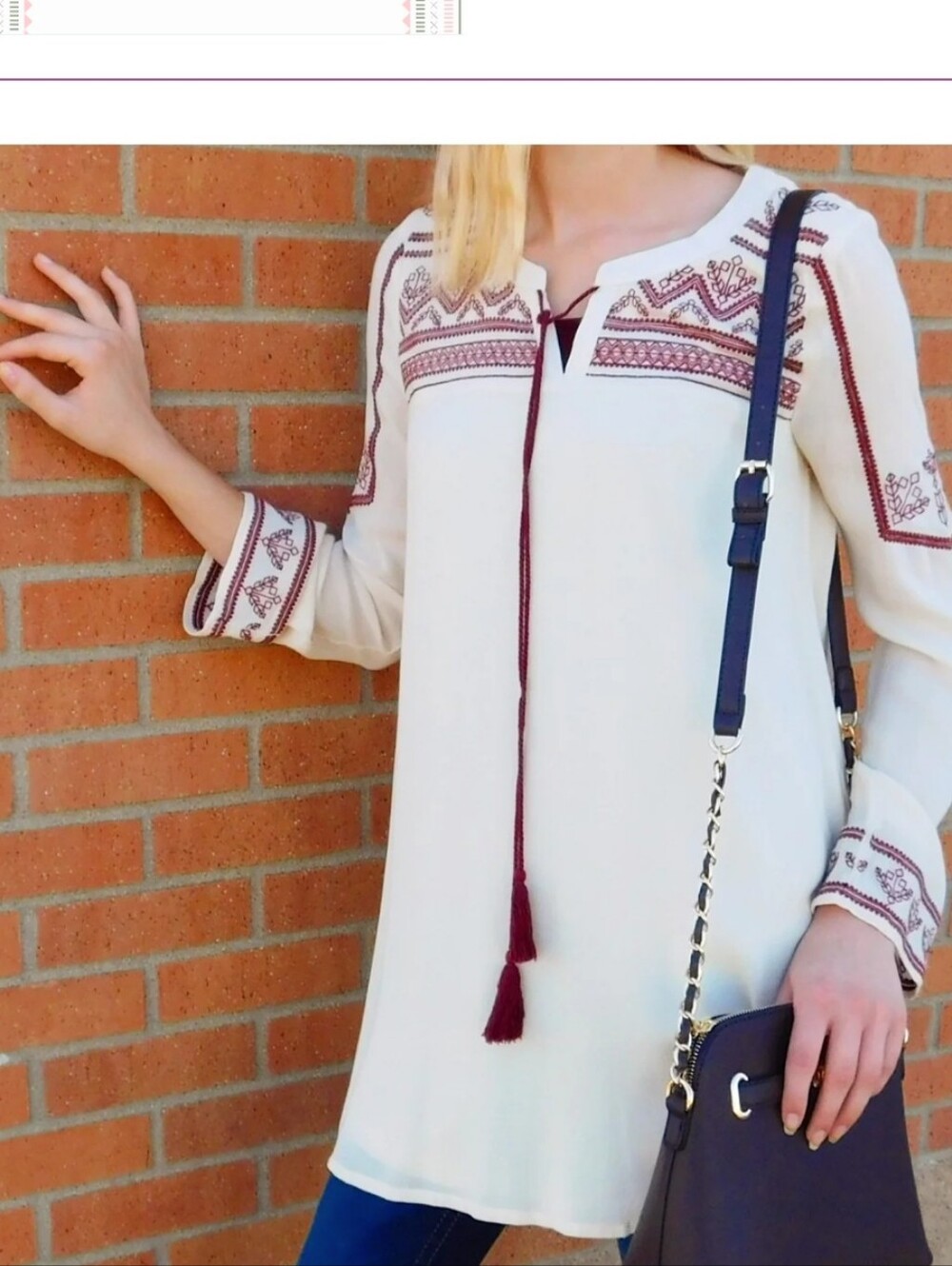 Blu Pepper Cream Tunic with Burgundy Embroidered Yoke